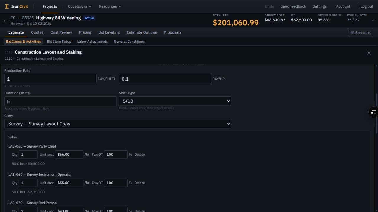 Production, duration, shift, and crew appear above editable labor rates and the hours and costs for each resource.