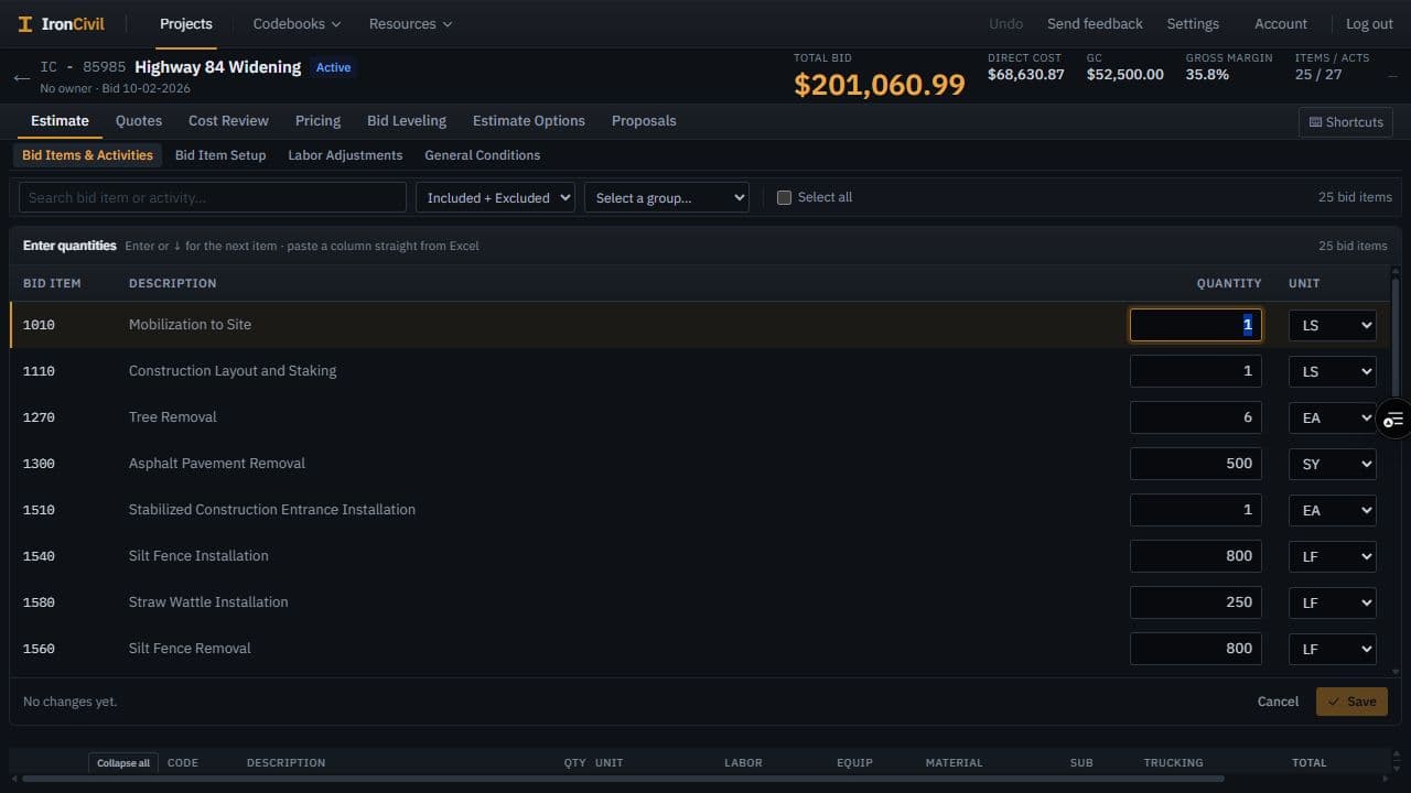 Enter quantities across the bid. The quantity-entry table keeps the bid-item number, description, quantity, and unit on the same row.